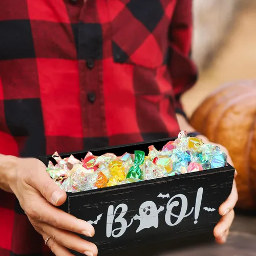 Vista 5 de Sintuff Cuenco de madera para dulces de Halloween, divertido plato de dulces para dulce o truco, soporte grande para servir de Halloween, cuenco