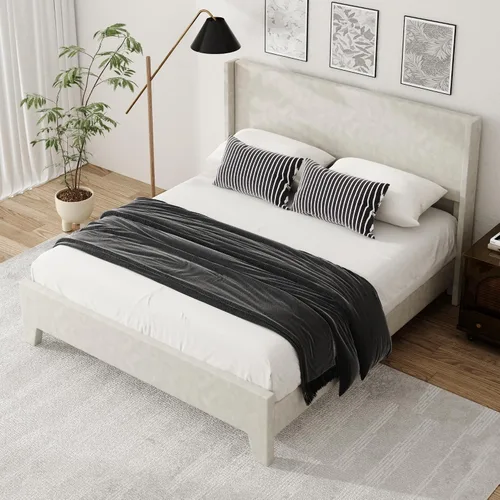 Vista 4 de Base de cama tamaño matrimonial con cabecero tapizado de imitación de cuero, resistente al desgaste, fácil de limpiar, base para colchón, no Beige