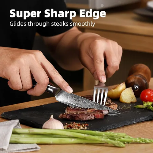 Vista 2 de Sunnecko Cuchillo para Carne de Cocina de 5 Pulgadas, Cuchillo para Carne de Damasco VG-10, Acero Japonés, Cuchillos de Carne No Dentados de Espiga