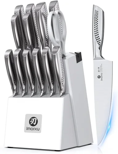 Vista 8 de imarku Juego de 14 cuchillos con bloque, juego de cuchillos de cocina de acero inoxidable japonés con afilador integrado, asas ergonómicas