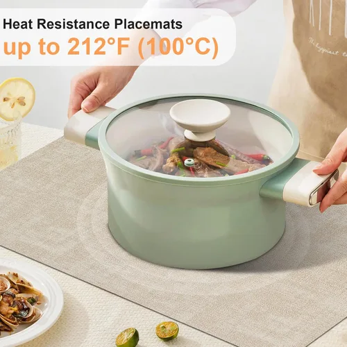 Vista 3 de Juego de 6 manteles individuales de piel sintética (beige) Heat Resistant Wipeable Washable Place Mats, Waterproof Anti-Slip Dining Table Mats
