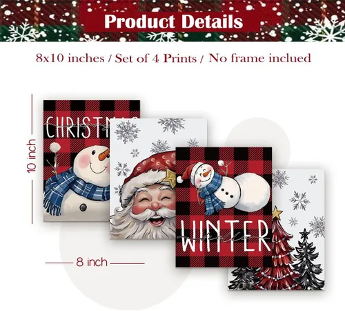 Vista 2 de XYDEG Conjunto de 4 Impresiones de Arte Navideño para Pared, Impresiones Navideñas, Hola Invierno Vintage Santa Navidad Muñeco de Nieve Búfalo