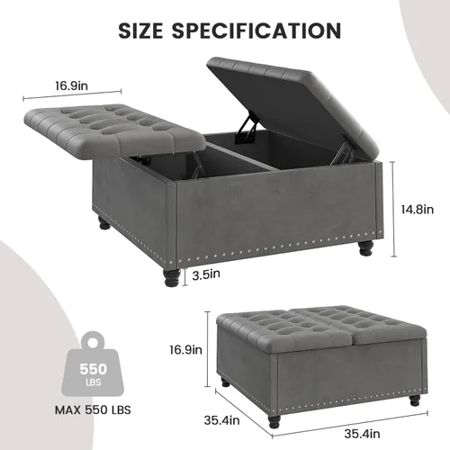 Vista 2 de FUXA Otomana cuadrada grande de 35 pulgadas con parte superior de Gris
