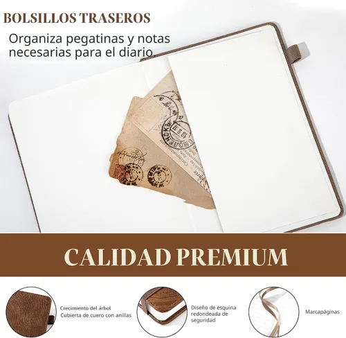 Vista 5 de Diario forrado con líneas de CAGIE para hombres y mujeres, diario encuadernado en cuero con anillos de crecimiento de árboles, cuaderno de 256