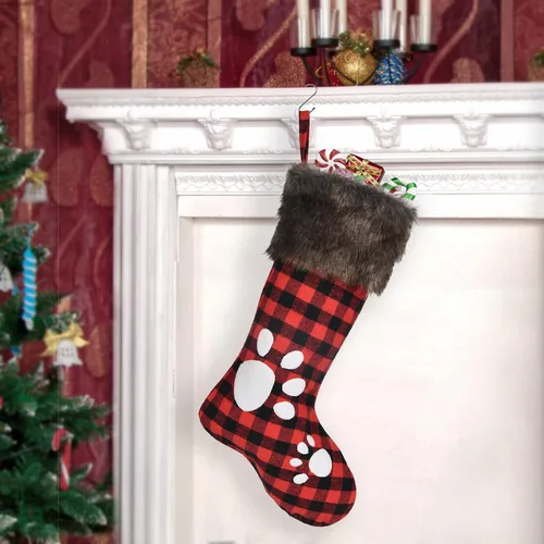 Vista 5 de Calcetín de Navidad 2025, adorno de Navidad, calcetín hecho a mano con huellas de perro, patrón con piel sintética, adornos para fiesta de invierno
