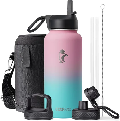 Vista 94 de Coolflask Botella de agua de 20 onzas aislada con pajilla, 3 tapas de metal de acero inoxidable, botella de agua de boca ancha para deportes u