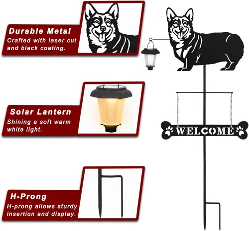 Vista 5 de BAYN Letrero de bienvenida de corgi de raza solar con silueta de perro con una linterna para jardín, césped, patio, camino Corgi Gift, Bone Shaped