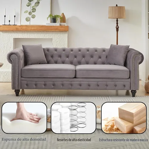 Vista 5 de Sofá Chesterfield de terciopelo grande de 85.5 pulgadas, sofá moderno de 3 plazas con brazos enrollados con diseño de botón y 2 cojines para sala