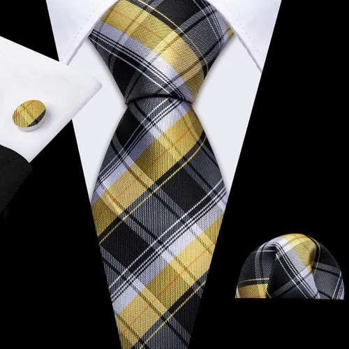 Vista 54 de Barry.Wang Juego de corbatas a cuadros para hombre con pañuelo gemelos de rayas clásicas