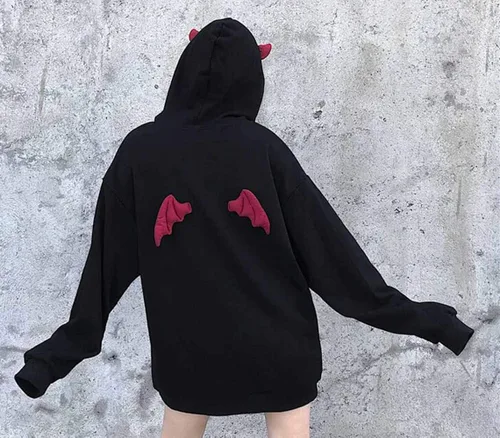Vista 6 de Sudadera con capucha de manga larga con capucha de Devil Wings para mujer Negro
