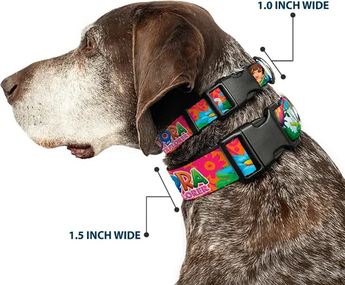 Vista 2 de Collar de perro clip de plástico Dora The Explorer Dora Poses Floral Collage naranja rosa 9 a 15 pulgadas 1.0 pulgadas ancho