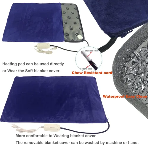 Vista 5 de Almohadilla térmica para mascotas para perros y gatos grandes, cama térmica impermeable de 34 x 21 pulgadas con cable resistente a
