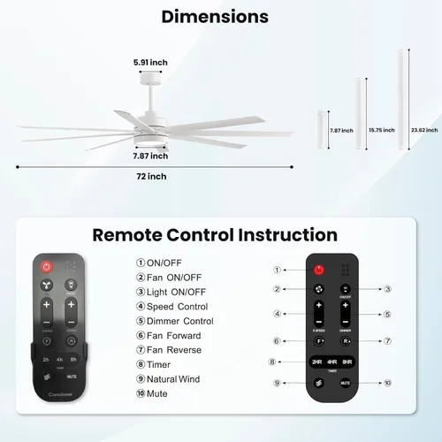 Vista 9 de Ventiladores de techo modernos con luces, ventilador de techo de 72 pulgadas con control remoto para dormitorio, sala de estar, cocina, biblioteca