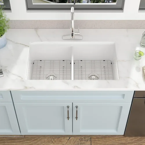 Vista 4 de Fregadero de cocina blanco de 32 x 19 pulgadas, cuenco doble de arcilla refractaria de porcelana de cerámica blanca, doble montaje 50/50, montaje