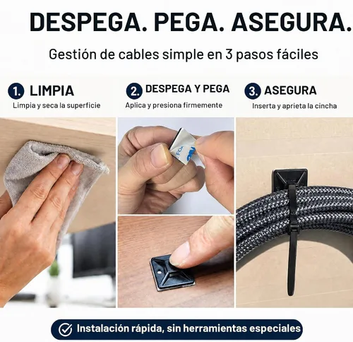 Vista 4 de Kit de soportes de cable con pegamento trasero autoadhesivo fuerte - 100 piezas de clips de gestión de cables con bridas de 6 pulgadas, soportes