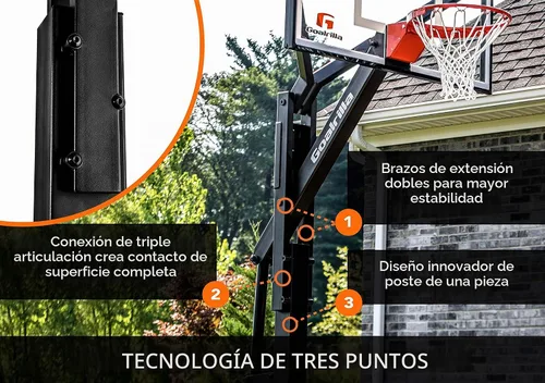 Vista 3 de Aros de baloncesto Goalrilla con tablero de meta de vidrio templado, marco negro anodizado y sistema de anclaje en el suelo