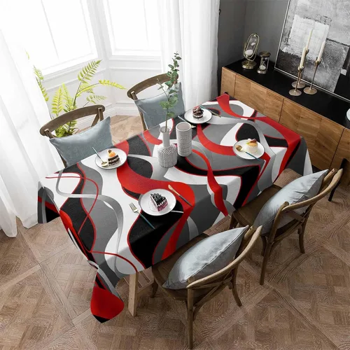 Vista 3 de Mantel rectangular impermeable, lavable, con líneas abstractas 3D en color negro, a prueba de aceite, para cocina, comedor, fiesta, vacaciones
