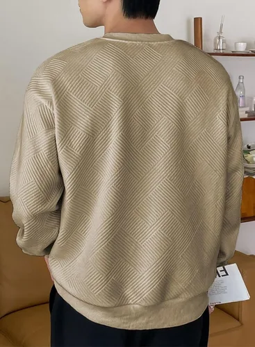Vista 3 de Sudaderas de cuello redondo para hombre, color liso, textura geométrica, manga larga, informal, sin botones
