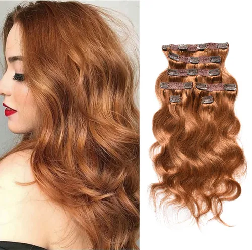 Vista 7 de viviaBella Extensiones de cabello humano ondulado con clip, color rojo cobre, 14 pulgadas, cabello virgen brasileño de doble trama, 7 unidades por