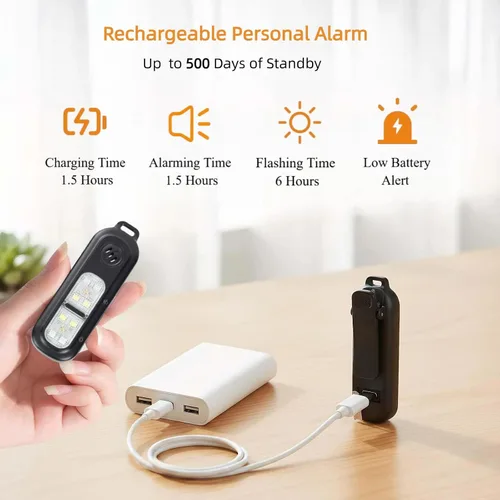 Vista 4 de TECKNET Alarma de seguridad personal de 135 dB con luz estroboscópica SOS para mujer, recargable e impermeable IPX4, luces de carrera con linterna