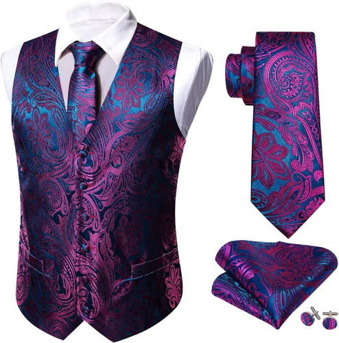 Vista 3 de Barry.Wang Chaleco de traje para hombre Paisley Silk Jacquard Waistcot Tie Set FormalLeisure 5PCS