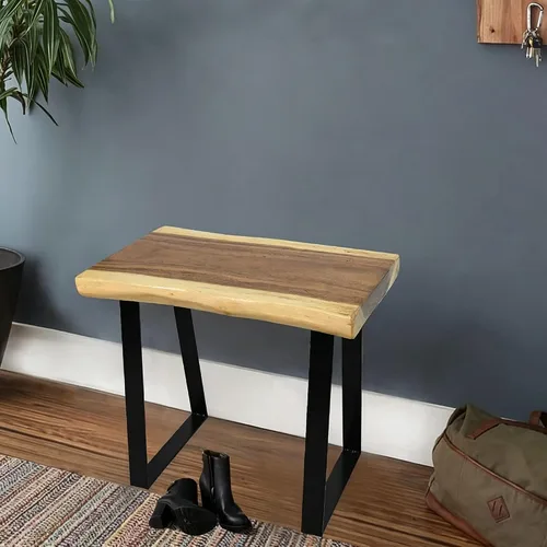 Vista 4 de Banco rectangular de madera natural, taburetes de entrada de madera maciza de 20 x 13 x 18 pulgadas de alto, mesa auxiliar rústica con borde vivo