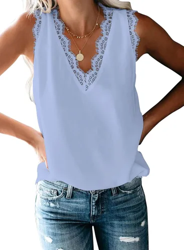 Vista 208 de VIISHOW - Camiseta sin mangas, sexy, con cuello en V y bordes de encaje para mujer, camisola de vestir, camisas de gasa, sin mangas, casuales