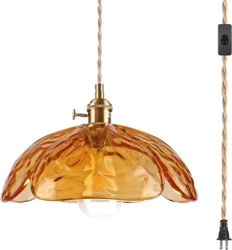 Vista 19 de Lámpara colgante colgante de 1 luz, lámparas colgantes de latón dorado, pantalla de vidrio de flores verdes, iluminación colgante moderna