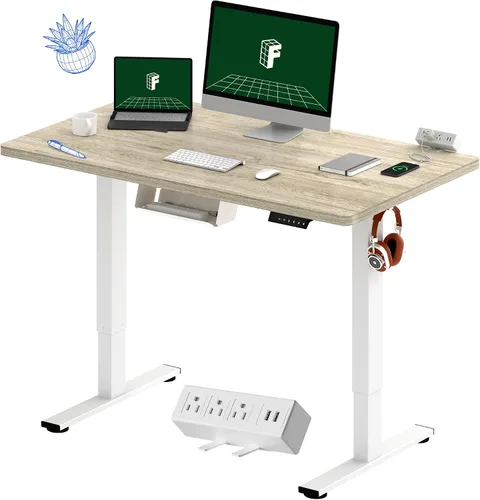 Vista 58 de FLEXISPOT EN2 Escritorio de pie de una pieza entera de 48 x 30 pulgadas con regleta eléctrica, arce Parte superior de arce + marco blanco