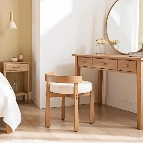 Vista 3 de HEAH-YO - Silla de tocador de madera con respaldo, pequeño taburete con reposapiés tapizado en lino, silla de maquillaje de estilo moderno