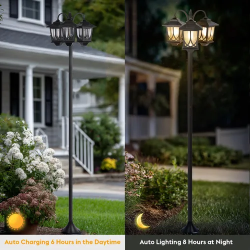 Vista 4 de Lámpara solar de poste de 3 cabezales, luces solares de 73 pulgadas para exteriores, impermeables, 60Lm 3000K luces de camino para jardín, césped