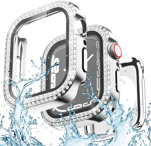 Vista 11 de Funda impermeable 2 en 1 compatible con Apple Watch de 1.575 pulgadas, protector de pantalla SE3/SE2/SE Series 6/5/4, cubierta facial con diamantes