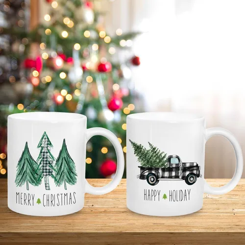 Vista 6 de Whaline Juego de 2 tazas de Navidad de 12 onzas con acuarela, a cuadros, árbol de Navidad, camión, taza de café, tazas de cerámica para fiesta