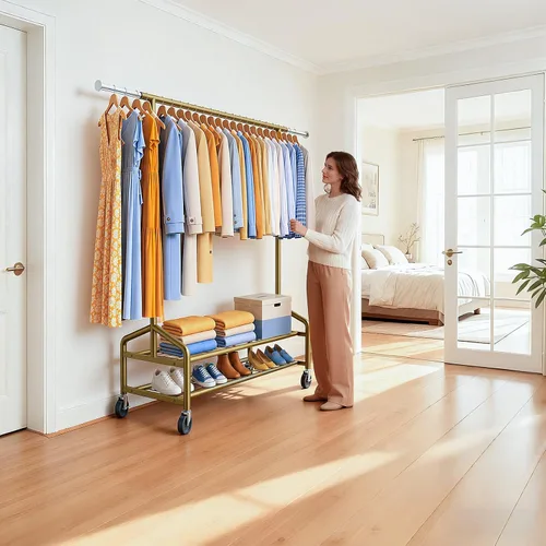 Vista 9 de Heavy Duty Clothes Rack, Rolling Clothing Rack Load 650 LBS for Hanging Clothes with 2 Sturdy Shelves, Metal Garment Rack with Wheels for Bedroom