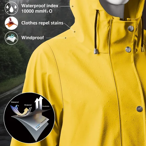 Vista 4 de UNIQUEBELLA Chubasqueros impermeables para mujer, impermeables, abrigos largos con capucha para lluvia, rompevientos, gabardina para exteriores