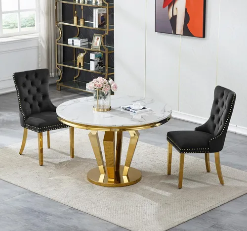 Vista 51 de Juego de mesa de comedor de mármol sintético de oro blanco de 47 pulgadas para 2, juego de mesa de comedor de cocina de 3 piezas, juego de mesa