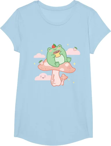 Vista 19 de Kawaii Strawberry Frog On Mushroom - Camiseta de manga corta de anime, Azul / Patchwork, S Azul Pastel