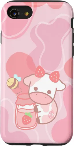Vista 17 de Funda Kawaii para iPhone 12, diseño de vaca fresa, color rosa