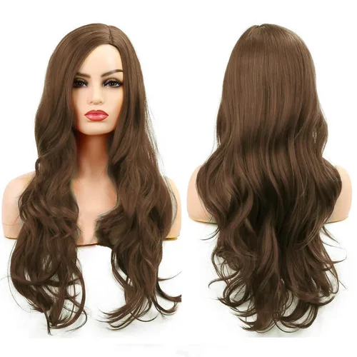 Vista 16 de Pelucas largas rizadas onduladas negras para mujer, parte lateral, aspecto natural, sintética, para cosplay, resistente al calor, peluca de repuesto