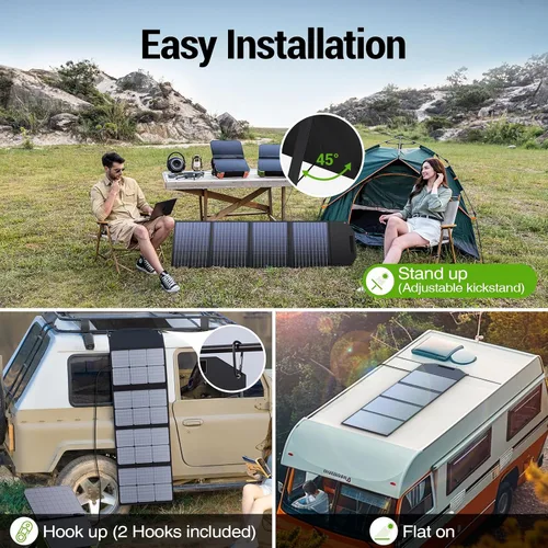 Vista 5 de BROWEY Panel solar portátil de 120 W para estación de energía, salidas USB/Type-C/DC, plegable con soporte ajustable, impermeable IP68, carga solar