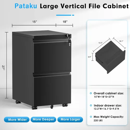 Vista 3 de Pataku Archivador de 2 cajones, archivadores pequeños con cerradura, archivador de metal con 2 cajones, archivadores para oficina en casa