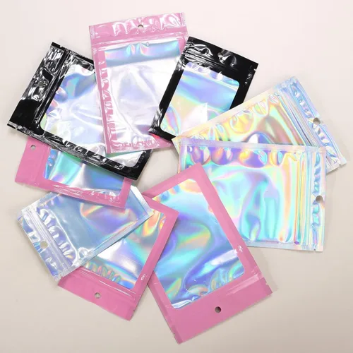 Vista 7 de 50 bolsas holográficas negras de Mylar de 5.5 x 7.8 pulgadas, bolsas con cremallera de aluminio resellables para gomitas, recuerdos de fiesta