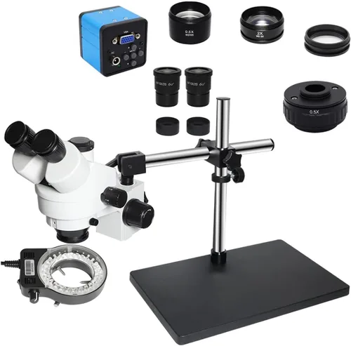 Vista 8 de Kit de accesorios para microscopios 3.5X-90X Soporte de brazo doble Simul Focal Trinocular Estéreo Microscopio 38MP H_D Digital USB Microscopio VGA