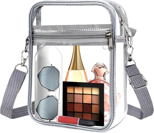 Vista 8 de Bolsa transparente aprobada para estadios, bolsa cruzada transparente, con correa de hombro ajustable para mujer, con bolsillo frontal
