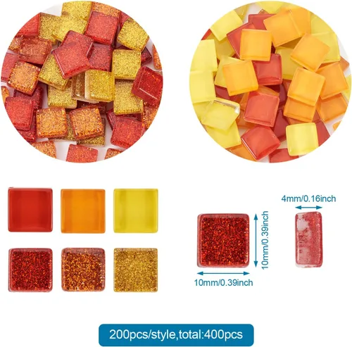 Vista 6 de Pandahall - 400 cabujones de mosaico de vidrio de 0.394 x 0.157 in, color rojo y naranja, azulejos de mosaico cuadrados con parte trasera plana