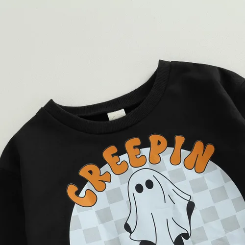 Vista 3 de LZCYILANXIULSL Conjunto de Halloween para bebé niño y niño, sudadera de manga larga con diseño de fantasmacalabaza + pantalones de tablero