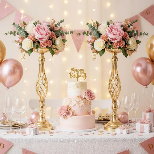 Vista 4 de 2 piezas de centros de mesa de boda para mesas de recepción, soportes de velas retorcidas, adornos, centros de mesa de metal con jarrón de flores