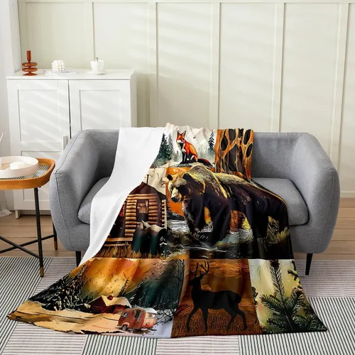 Vista 16 de Erosebridal Manta de franela de animales del bosque, 40 x 50 pulgadas, con temática de caza de osos, ciervos, lobos, manta de felpa mullida