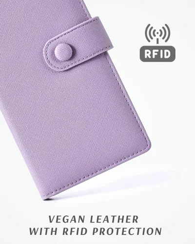 Vista 2 de Unilily Cartera delgada para mujer, con bloqueo RFID, de piel vegana, plegable, tarjetero con 2 ventanas de identificación y bolsillo con Lila