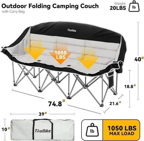 Vista 2 de Silla de camping doble – Sofá plegable para 2 – 3 personas al aire libre con portavasos y soportes para copas de vino – Sofá de dos plazas de gran